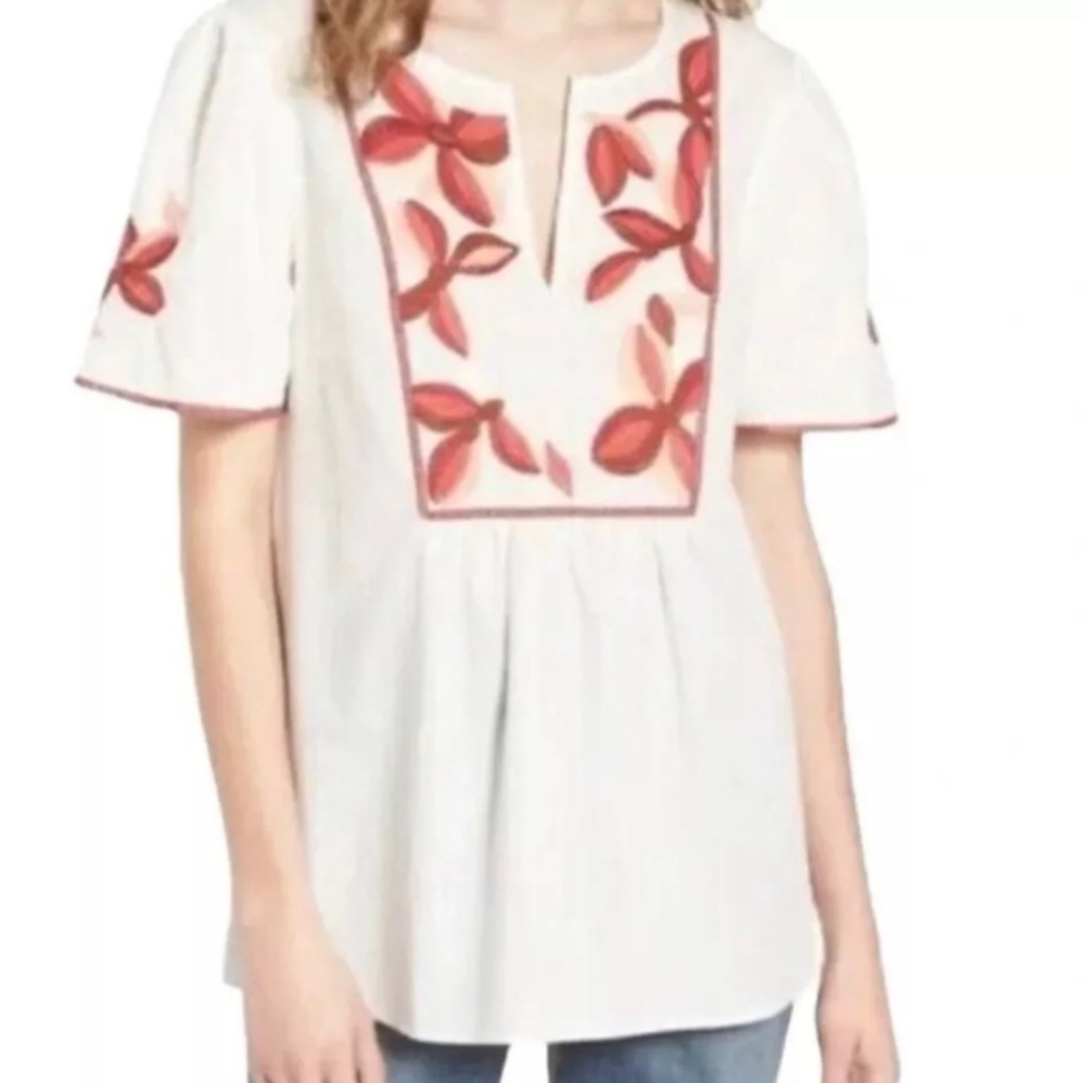 Madewell Women's Ivory Embroidered V-neck Short Sleeve Blouse Size Small Boho